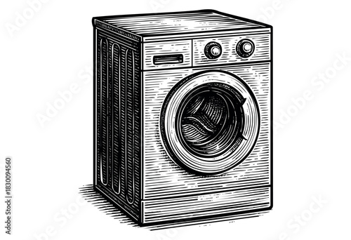 Vintage engraved illustration of a front-loading washing machine — stock vector.