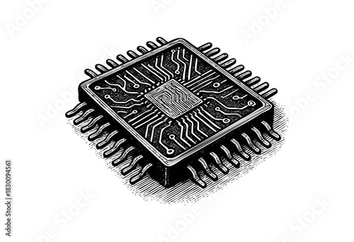 Vintage engraved illustration of a detailed electronic microchip — stock vector.
