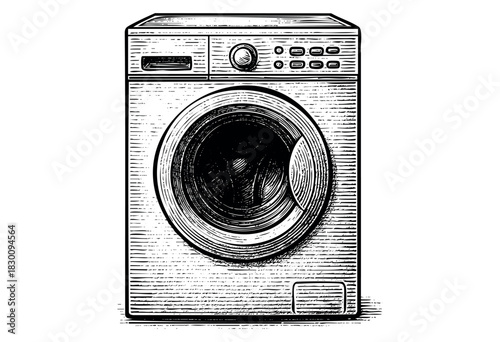 Vintage engraved illustration of a front-loading washing machine — stock vector.