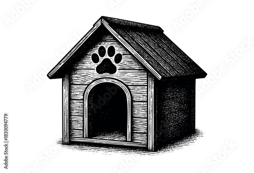 Vintage engraved illustration of a wooden doghouse with paw symbol — stock vector.