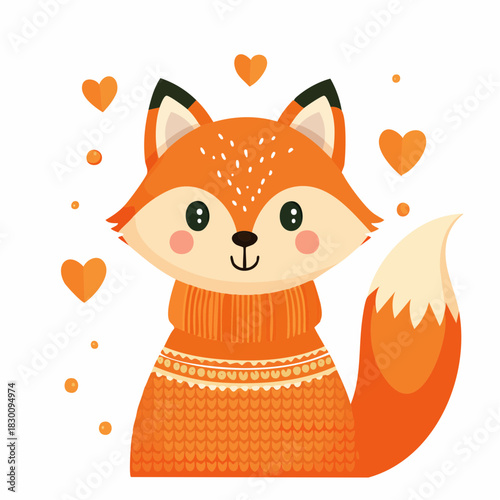 Adorable kawaii fox wearing winter sweater, soft orange tones, big shiny eyes, round vector shapes, pastel winter aesthetic
