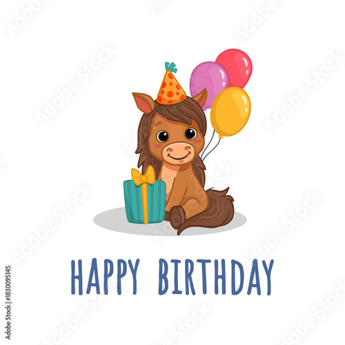     Перейти к странице|123Далее

Cute cartoon horse with gift and balloons. Horse in flat style for greeting card, book, activity page. Happy birthday postcard. Vector illustration