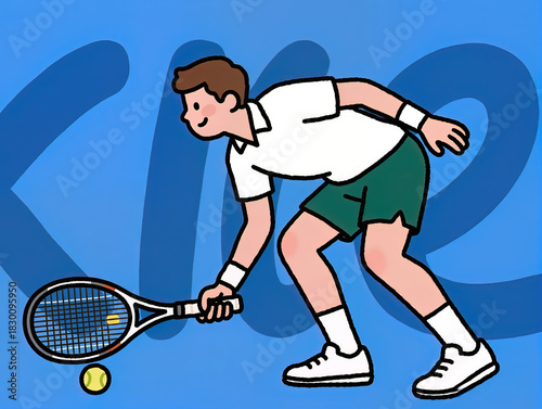 A linear drawing on a solid-colored abstract background: A tennis player bent over for a low shot.