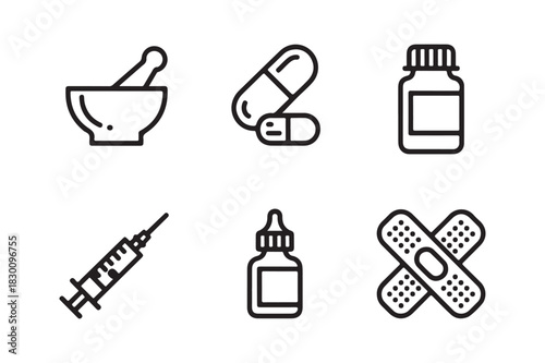 Collection of medical and pharmaceutical icons in outline style