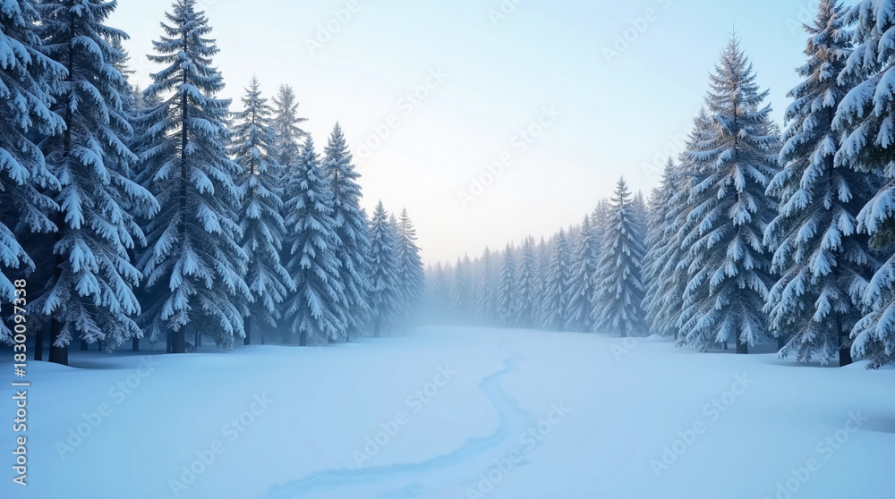 Fototapeta premium Peaceful winter forest with snow covered pines and soft morning haze