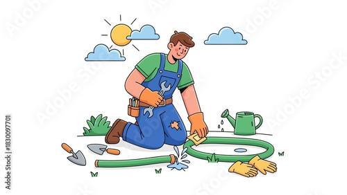 Diligent Homeowner Repairs Leaky Garden Hose with Tools on a Sunny Day, Ensuring Efficient Watering for Healthy Plants
