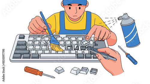 Diligent technician performing detailed cleaning and meticulous maintenance on a computer keyboard to ensure optimal performance