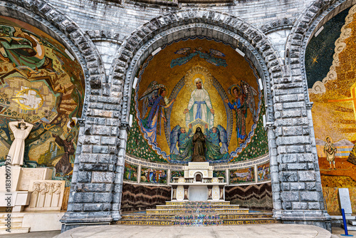 Interior of the Basilica in the Sanctuary of Lourdes, France. Mayor pilgrimage spot for Catholics