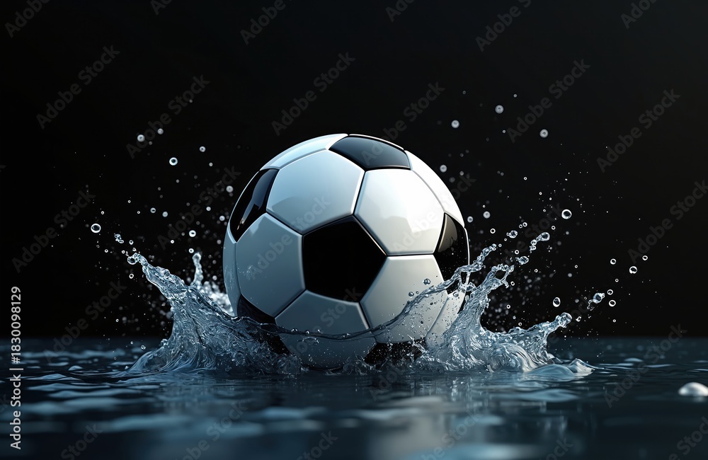 Naklejka premium Classic soccer ball hits water surface making big splash. Football falls into puddle creating liquid drops on black background. Dynamic shot shows sport power energy, competition. Wet sphere kicks up