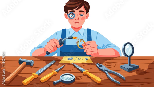 Skilled craftsman meticulously crafting intricate jewelry with precision tools at his workbench
