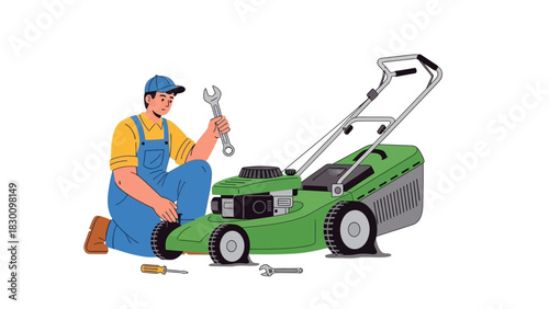 Professional Technician Performing Maintenance and Repair on a Green Garden Lawnmower, Ensuring Optimal Performance for Outdoor Yard Work