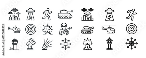 Alien invasion icons: ufos, tanks, explosions, and helicopters in line art style