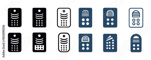 Various intercom system icons in black and blue designs
