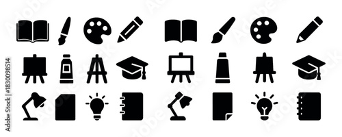 Artistic tools and educational icons: palette, easel, book, lamp, graduation cap