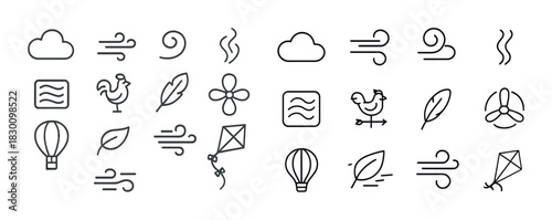 Collection of weather and air symbols including clouds, wind, and kites