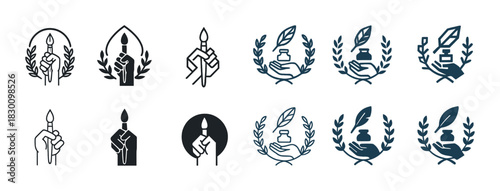 Vintage fountain pen and laurel icon set