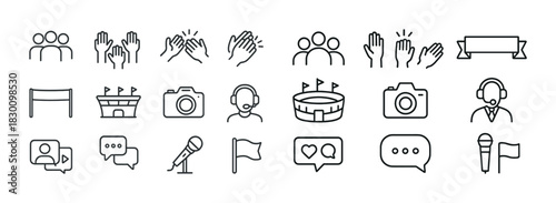 Set of communication and event icons: people, camera, stadium, flags, microphones