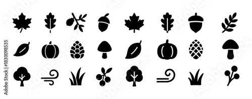 Autumn nature icons: leaves, acorns, pumpkins, trees, wind, grass, berries