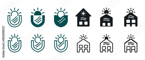 Sun-symbol: diverse house and shield icons with sun elements