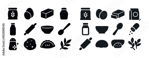 Black and white icons of baking ingredients and tools