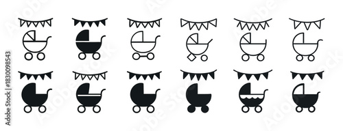 Black and white baby carriage icons with banners - various designs
