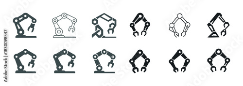 Set of robotic arm icons showcasing various mechanical designs
