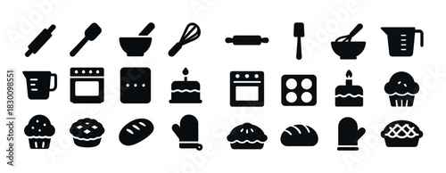 Baking icons: tools, ovens, cakes, pies, muffins, and utensils in black silhouette design