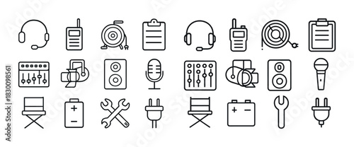 Collection of audio and video equipment icons in line art style