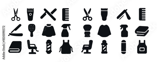 Barber shop tools icons: scissors, comb, razor, clipper, spray bottle, chair, apron, shaving brush