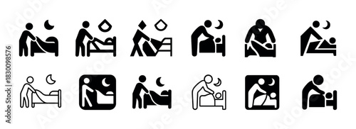 Bedtime routine icons: simplified sleep and care graphical symbols