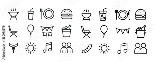 Minimal outdoor party icons: bbq, snacks, music, drinks, and decorations