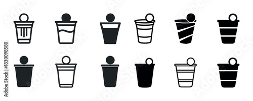 Icon set of trash bins with lids in various designs and styles