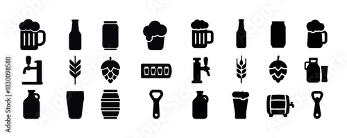 Beer icon set: glasses, hops, bottles, barrels, brew symbols
