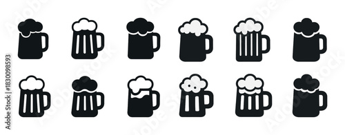 Black and white icon set of beer mugs with frothy tops
