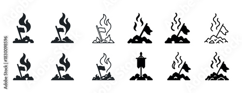Set of iconic burning flags on mounds with smoke effects