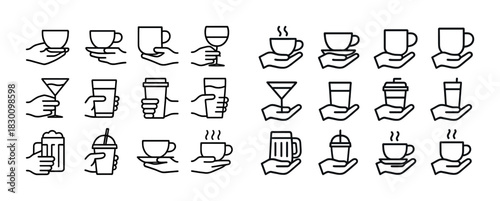 Collection of drink icons: cups, mugs, wine, beer, coffee, cocktail, soda