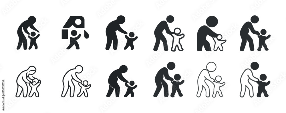 Obraz premium Family interaction icons: parent and child silhouettes in various poses