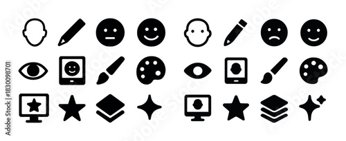 Creative design icons: emoticons, tools, art supplies, and digital elements