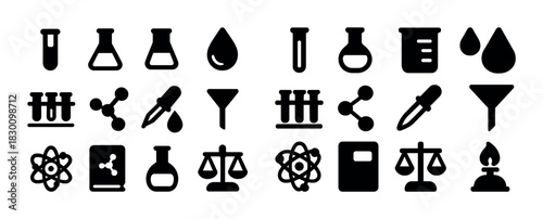 Collection of laboratory icons: beakers, test tubes, droppers, scales, atoms