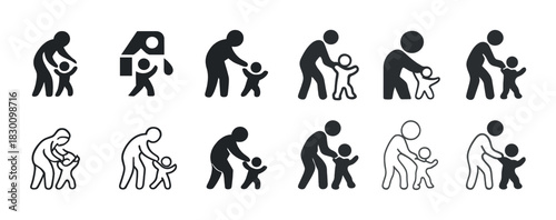Family interaction icons: parent and child silhouettes in various poses