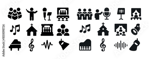 Collection of music and choir icons featuring instruments and singers
