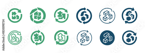Green and blue circular puzzle icons with recycling arrows