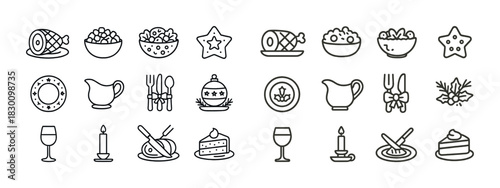 Christmas dinner icons: ham, salad, star cookies, dinnerware, wine, candle, cake, ornament