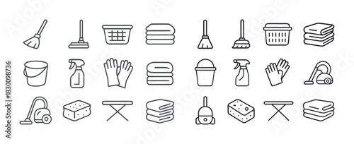 Household cleaning icons set: broom, mop, gloves, vacuum, buckets, laundry baskets, towels
