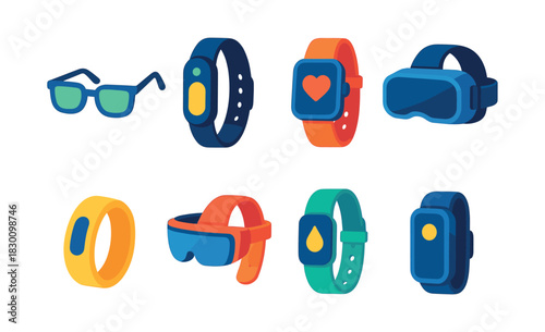 Wearable tech collection, smartwatches, fitness trackers, flat vector illustration