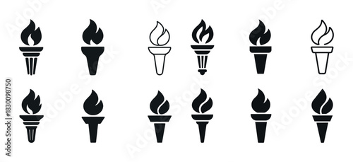 Collection of black and white torch icons with various flame designs
