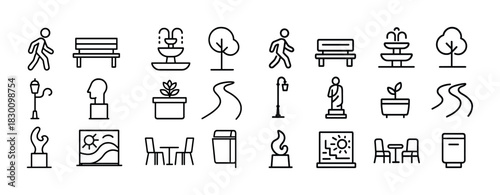 Minimalist line art icons of outdoor park elements and furniture