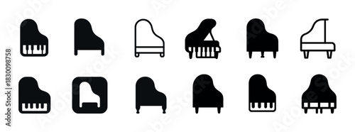 Collection of piano silhouettes and icons in various styles