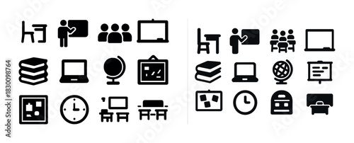 Classroom symbols: desks, books, computers, globe, blackboard, clock, students