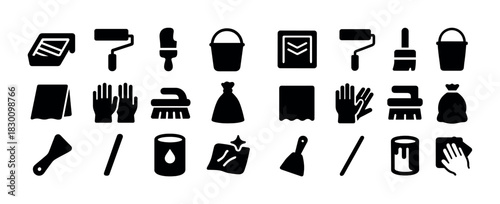 Set of cleaning and painting tools icons: brushes, rollers, bucket, gloves, scraper, detergent